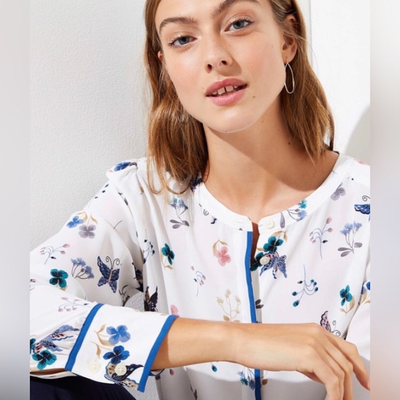 Loft Butterfly Tipped Band Collar Button Down Top - Picture 2 of 8